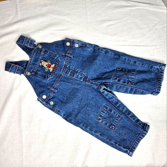 Moonbeams Indigo Blue Denim Felt Applique Cozy Puppy Adjustable Straps Overalls - Picture 2 of 11